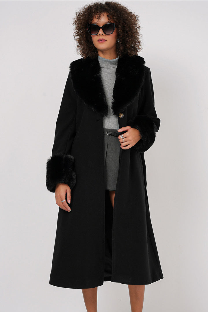Bigdart 9149 Manteau Long avec Détails en Fourrure - Noir