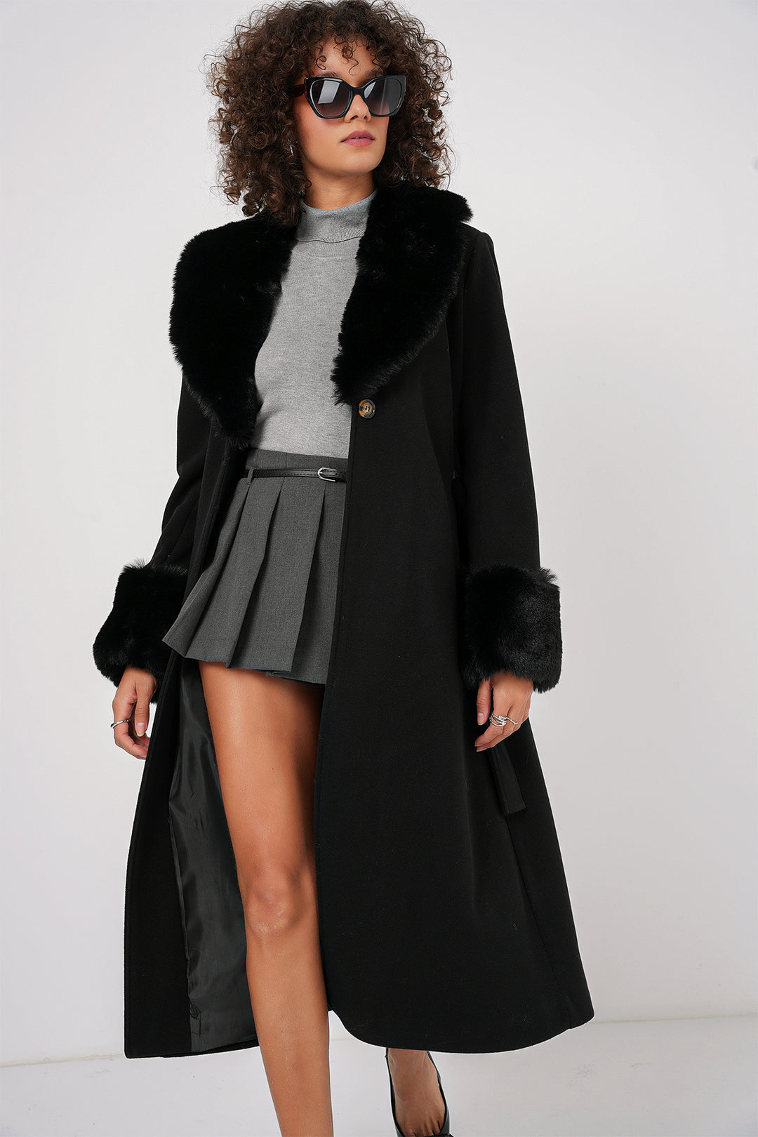 Bigdart 9149 Manteau Long avec Détails en Fourrure - Noir