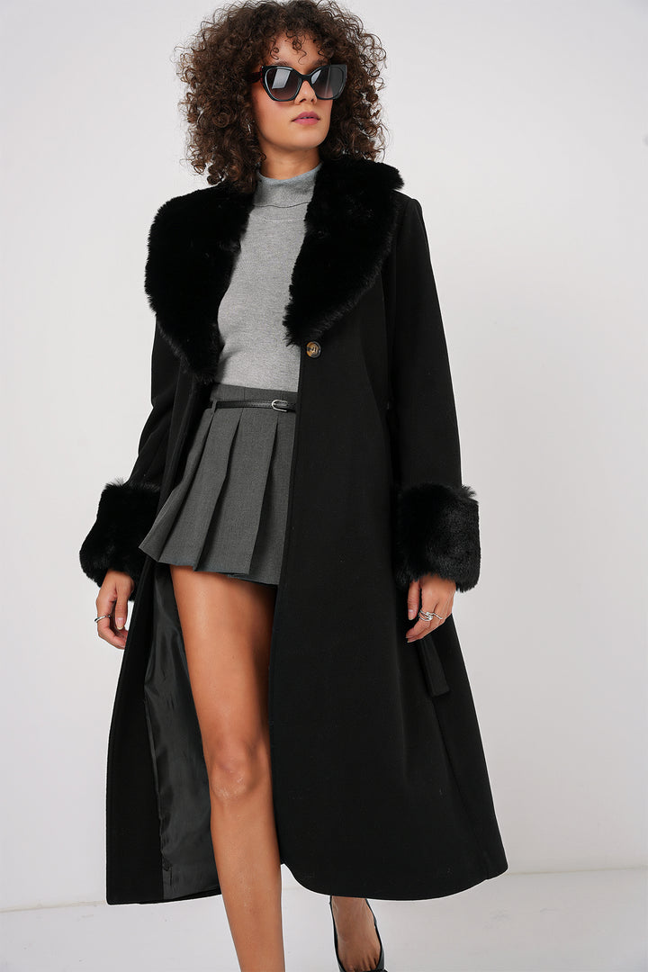 Bigdart 9149 Manteau Long avec Détails en Fourrure - Noir