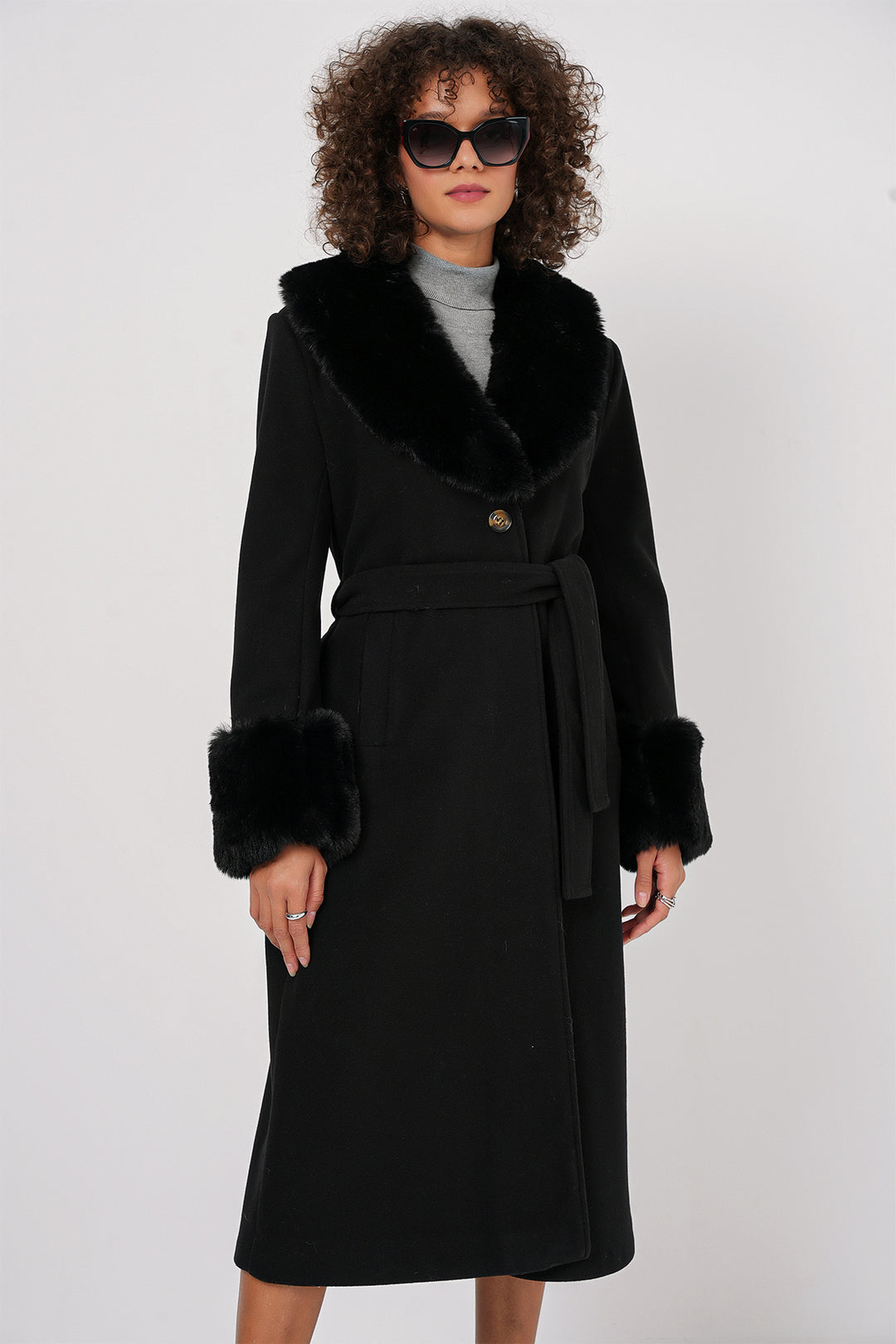 Bigdart 9149 Manteau Long avec Détails en Fourrure - Noir