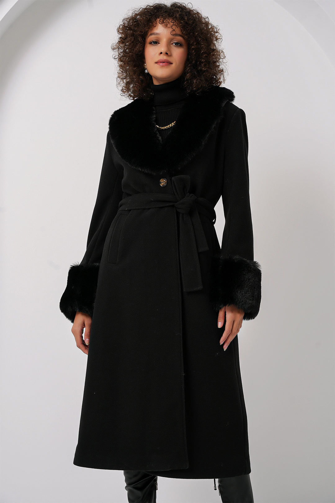 Bigdart 9149 Manteau Long avec Détails en Fourrure - Noir