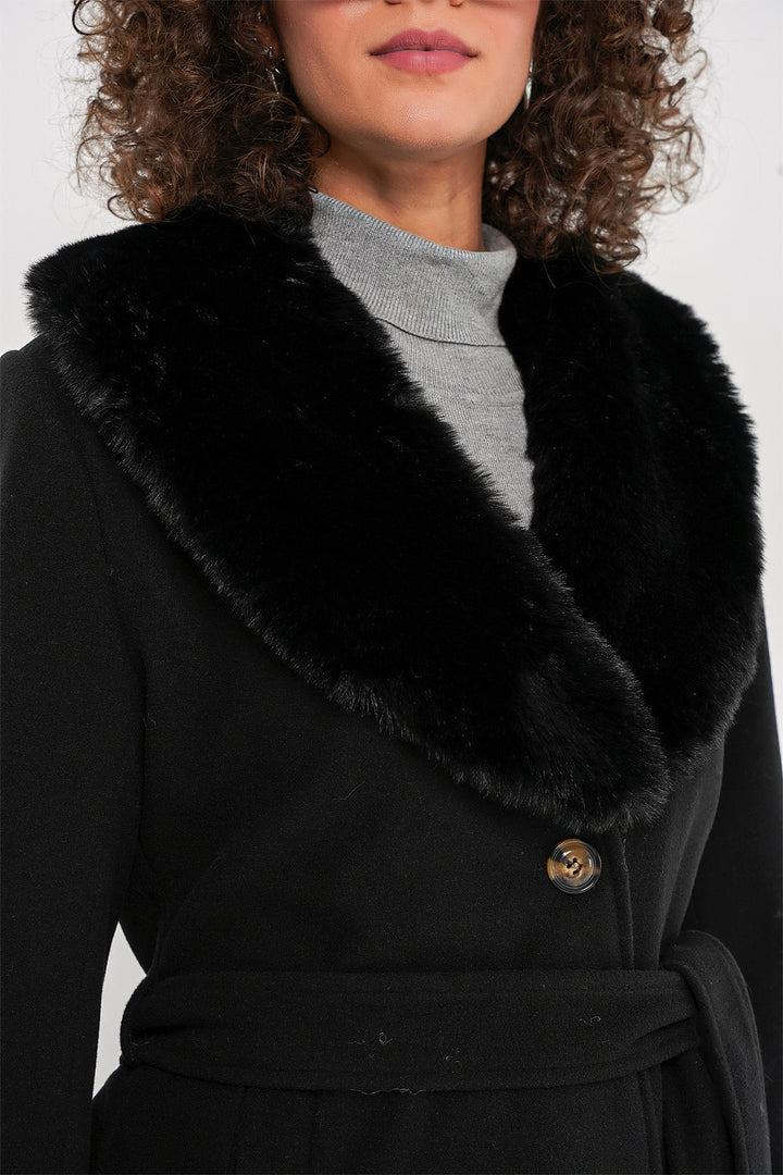 Bigdart 9149 Manteau Long avec Détails en Fourrure - Noir