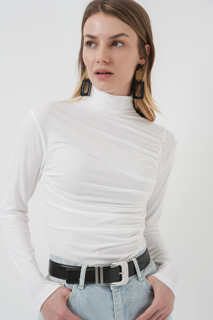 Bigdart 938 Blouse Sandy à Col Montant avec Détails Froncés - Blanc