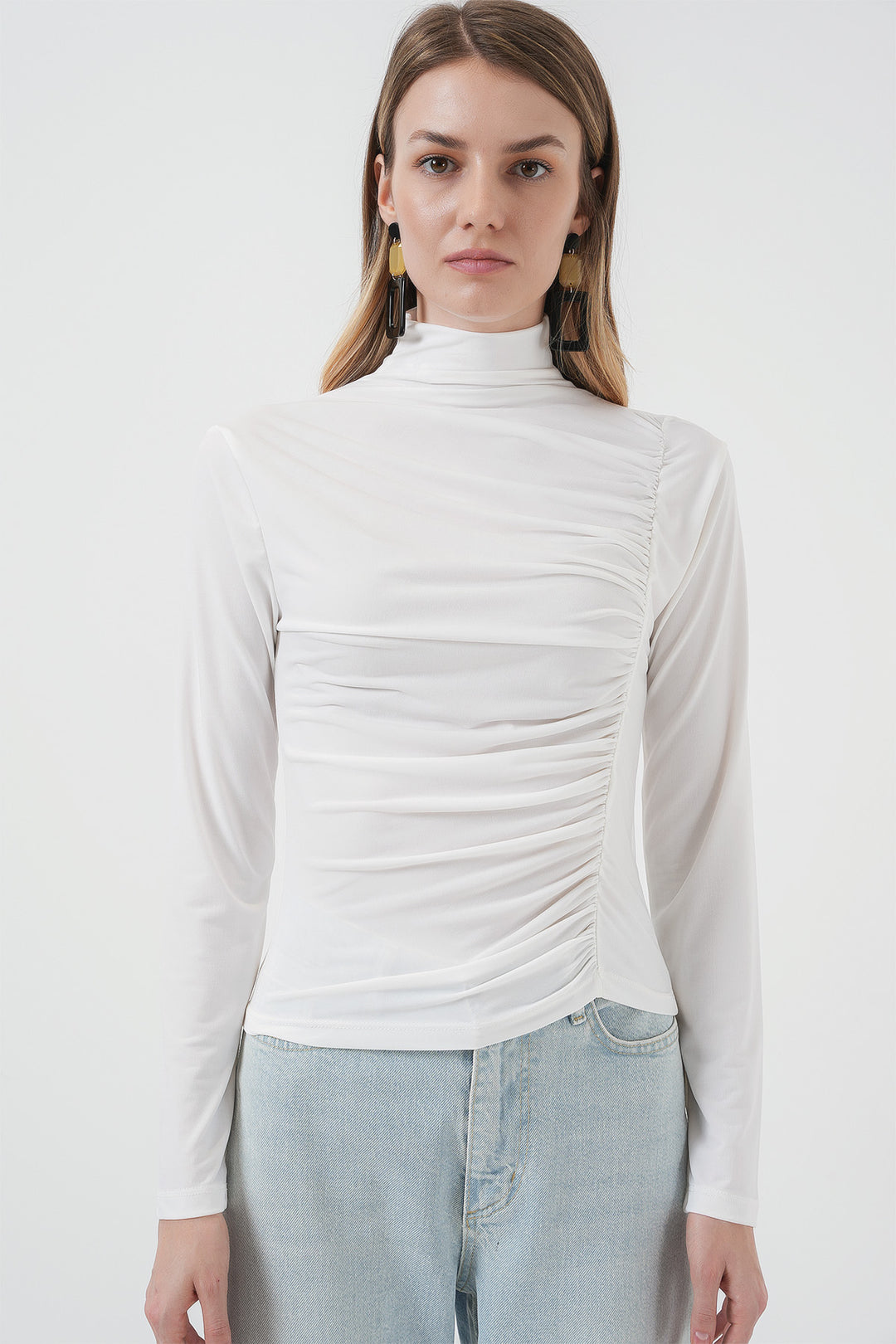 Bigdart 938 Blouse Sandy à Col Montant avec Détails Froncés - Blanc