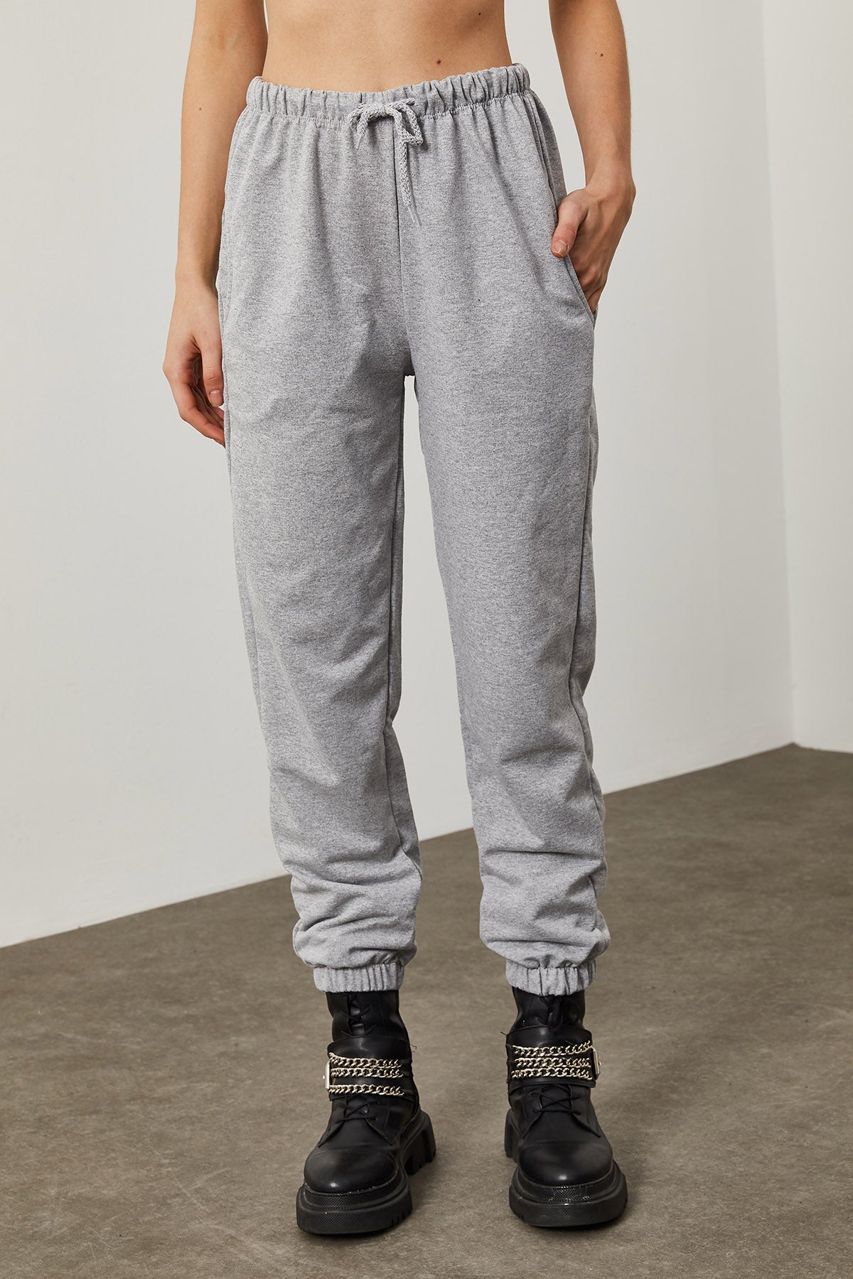 xhan pantalon de survêtement gris à taille en dentelle
