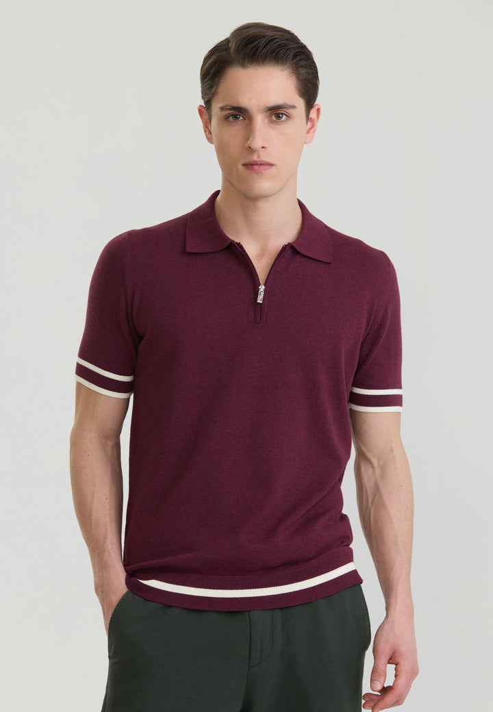 Felix Hardy T-shirt polo en tricot avec fermeture éclair pour homme - Bordeaux