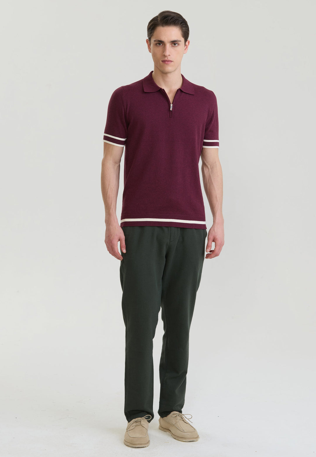 Felix Hardy T-shirt polo en tricot avec fermeture éclair pour homme - Bordeaux