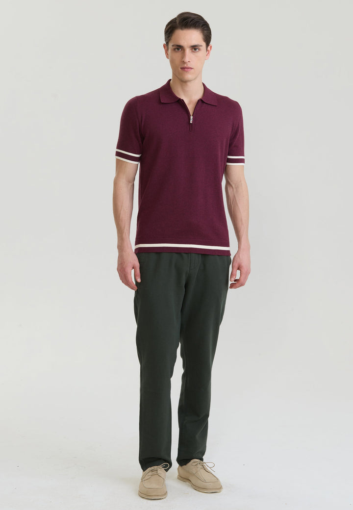 Felix Hardy T-shirt polo en tricot avec fermeture éclair pour homme - Bordeaux