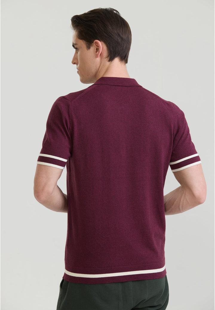 Felix Hardy T-shirt polo en tricot avec fermeture éclair pour homme - Bordeaux