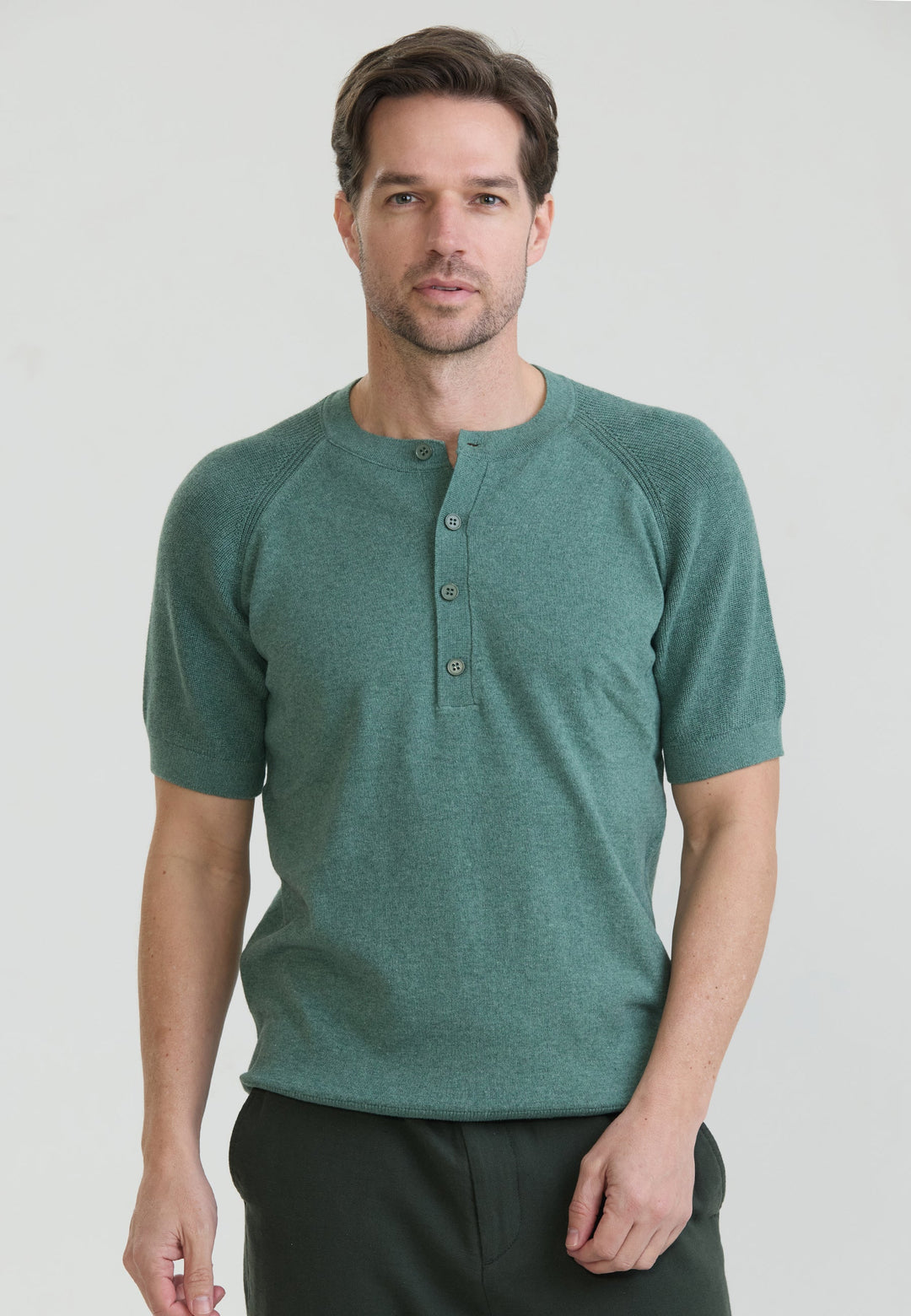 Felix Hardy T-shirt en tricot à col rond pour homme avec détails de fermeture à boutons - Vert