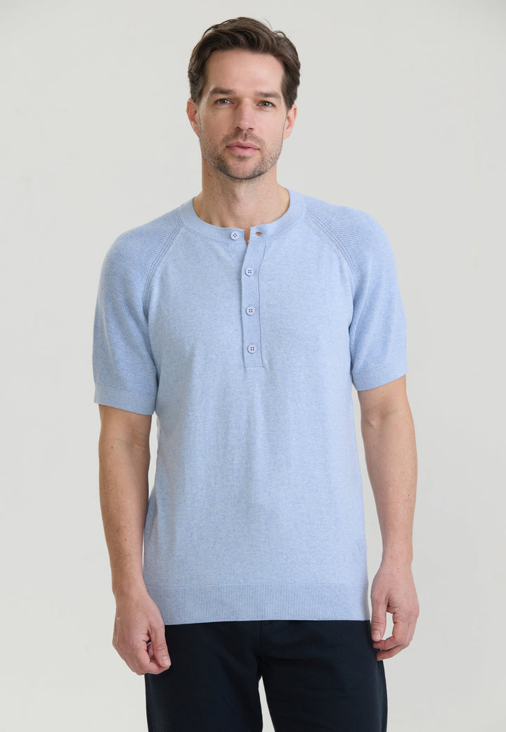 Felix Hardy T-shirt en tricot à col rond pour homme avec détails de fermeture à boutons - Bleu