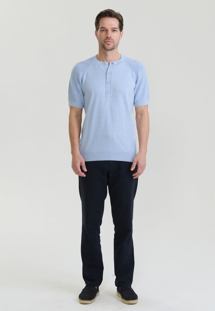 Felix Hardy T-shirt en tricot à col rond pour homme avec détails de fermeture à boutons - Bleu