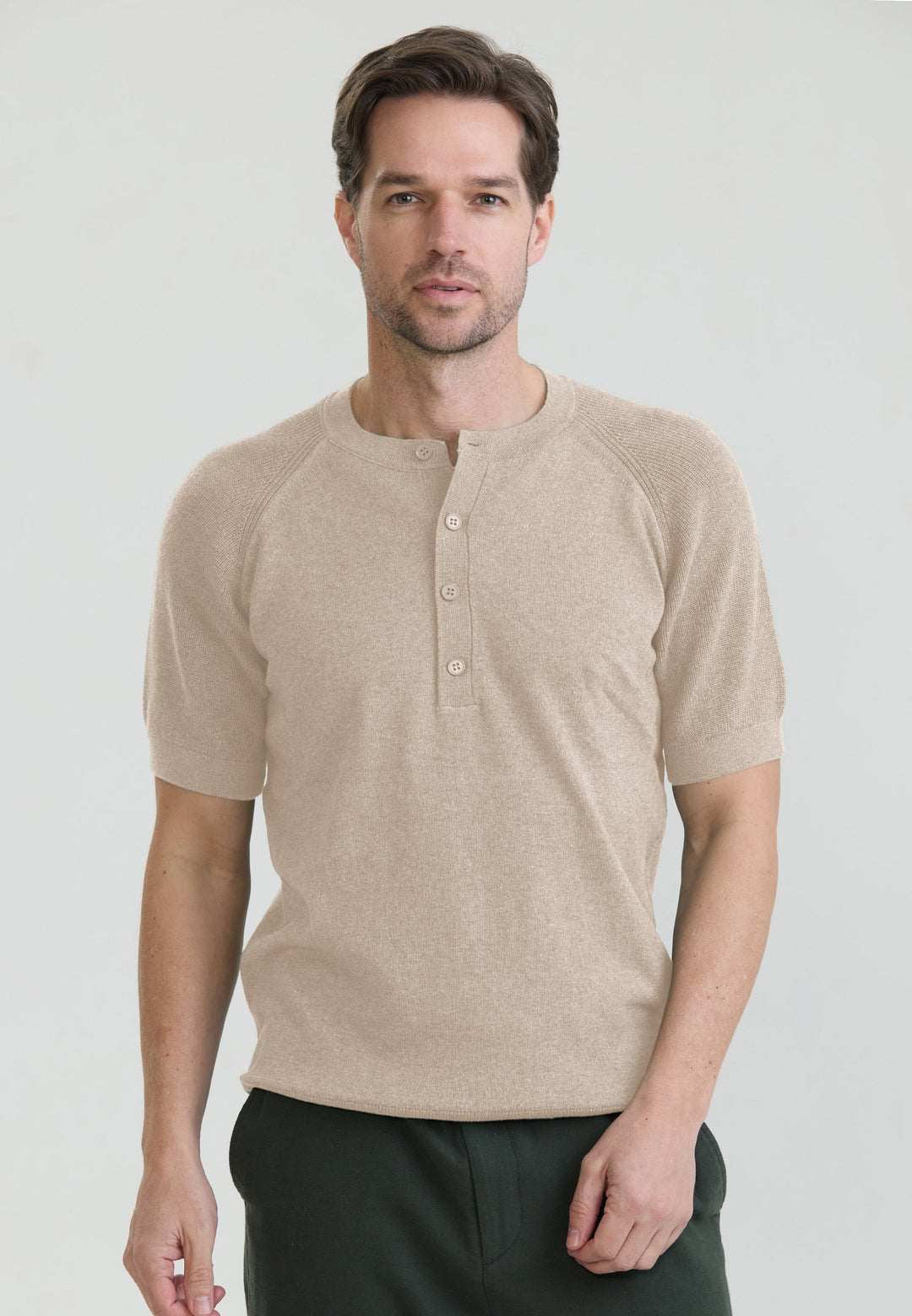 Felix Hardy T-shirt en tricot à col rond pour homme avec détails de fermeture à boutons - Beige