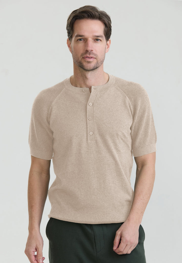 Felix Hardy T-shirt en tricot à col rond pour homme avec détails de fermeture à boutons - Beige