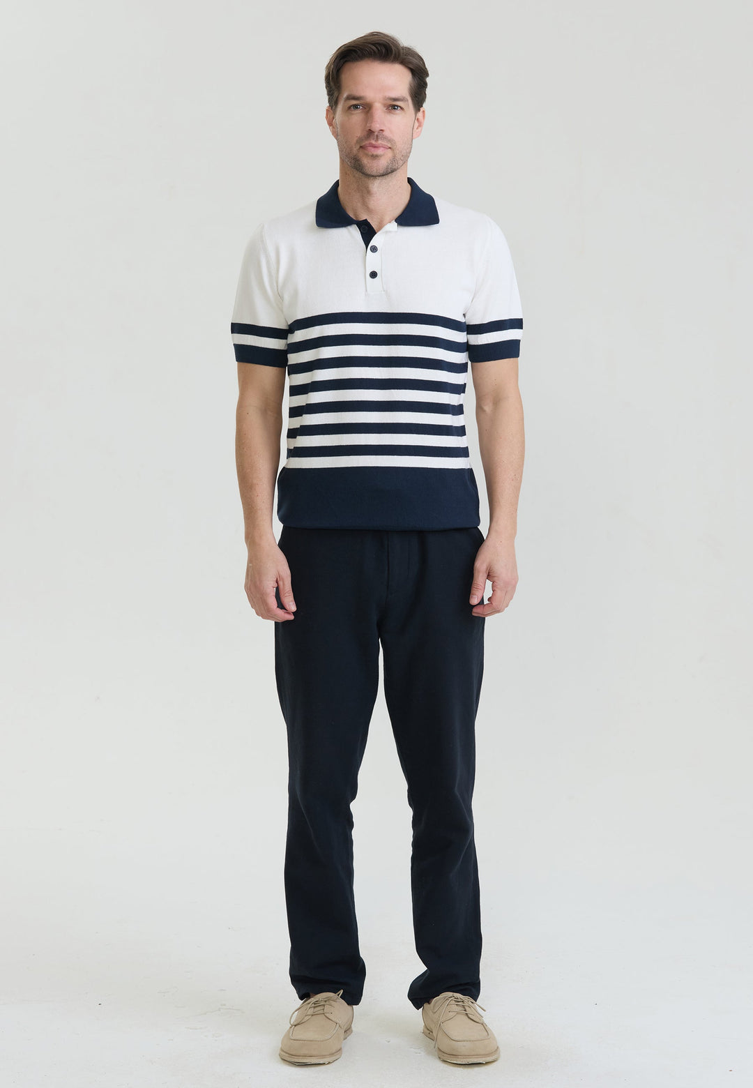 Felix Hardy T-shirt polo en tricot à rayures pour homme - Écru