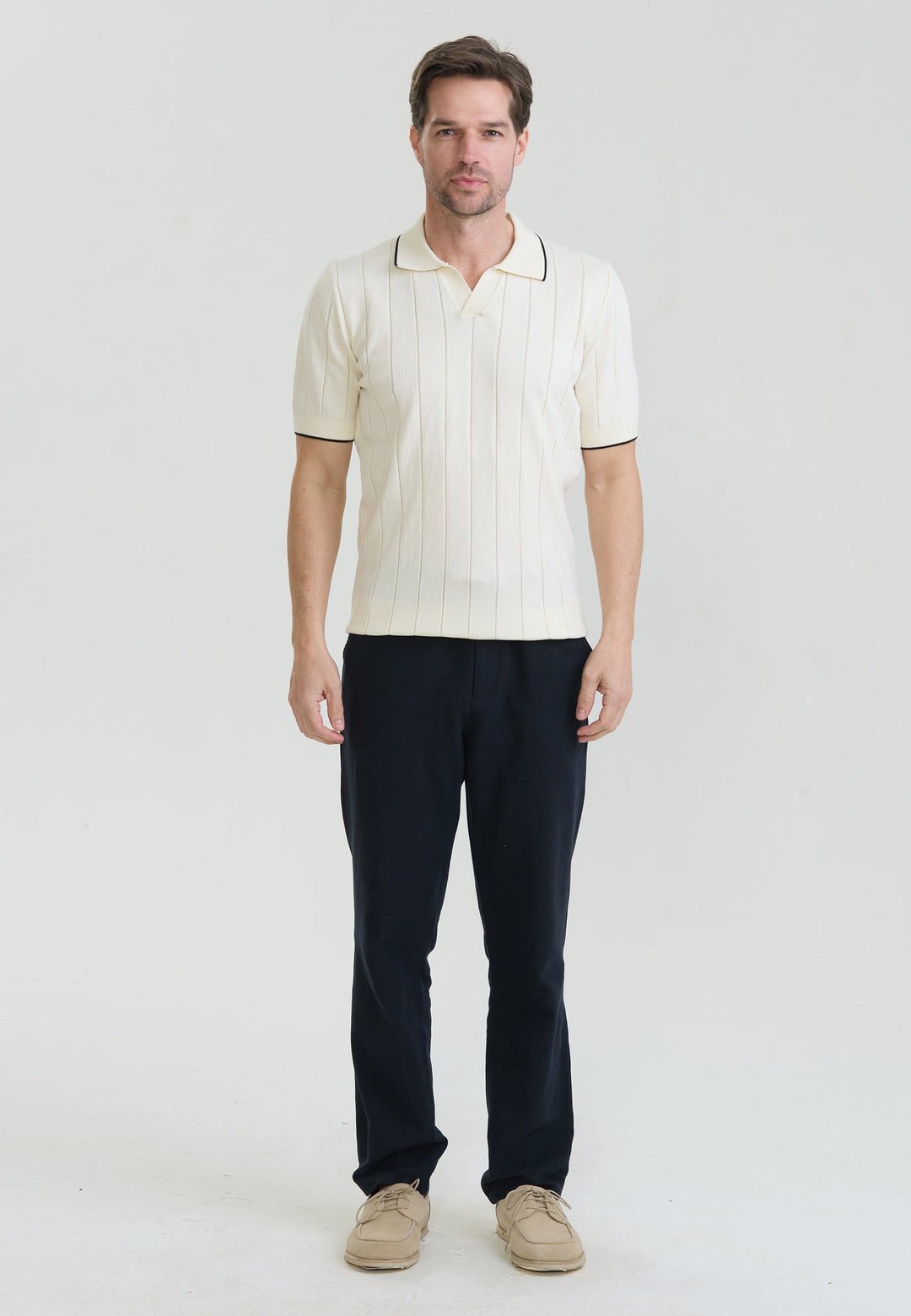 Felix Hardy Homme Basique Polo T-Shirt Tricot Sans Boutons - Écru