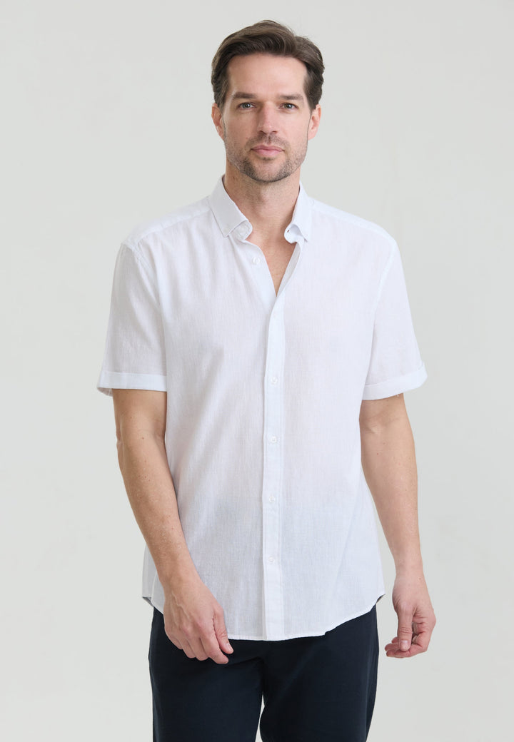 Felix Hardy Chemise en lin mélangé à manches courtes pour homme - Blanc
