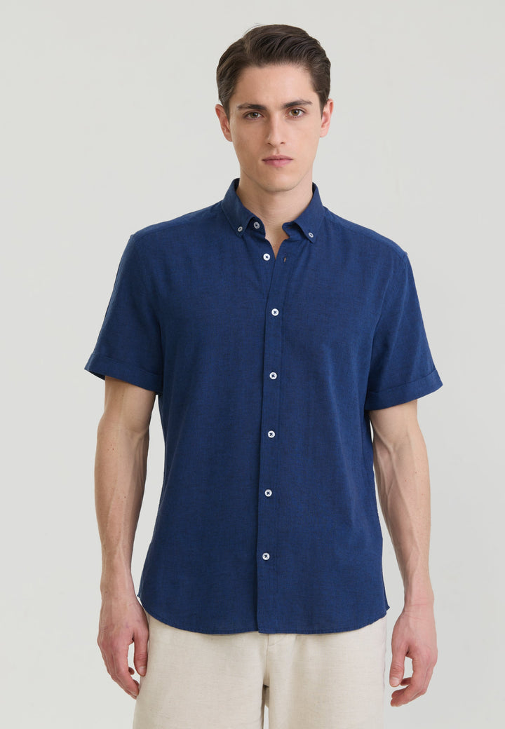 Felix Hardy Chemise en lin mélangé à manches courtes pour homme - Bleu marine