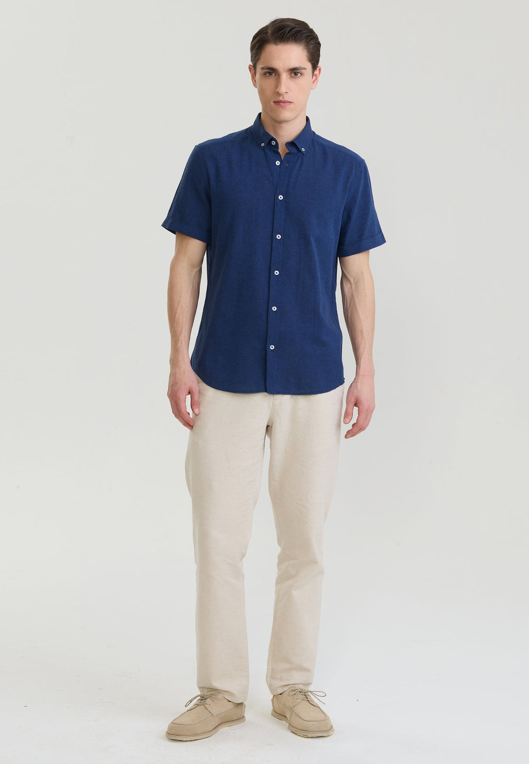 Felix Hardy Chemise en lin mélangé à manches courtes pour homme - Bleu marine