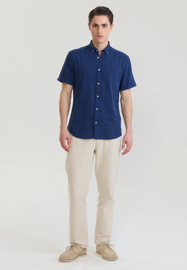 Felix Hardy Chemise en lin mélangé à manches courtes pour homme - Bleu marine