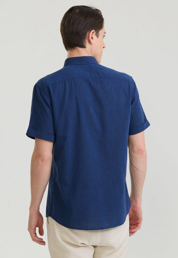 Felix Hardy Chemise en lin mélangé à manches courtes pour homme - Bleu marine