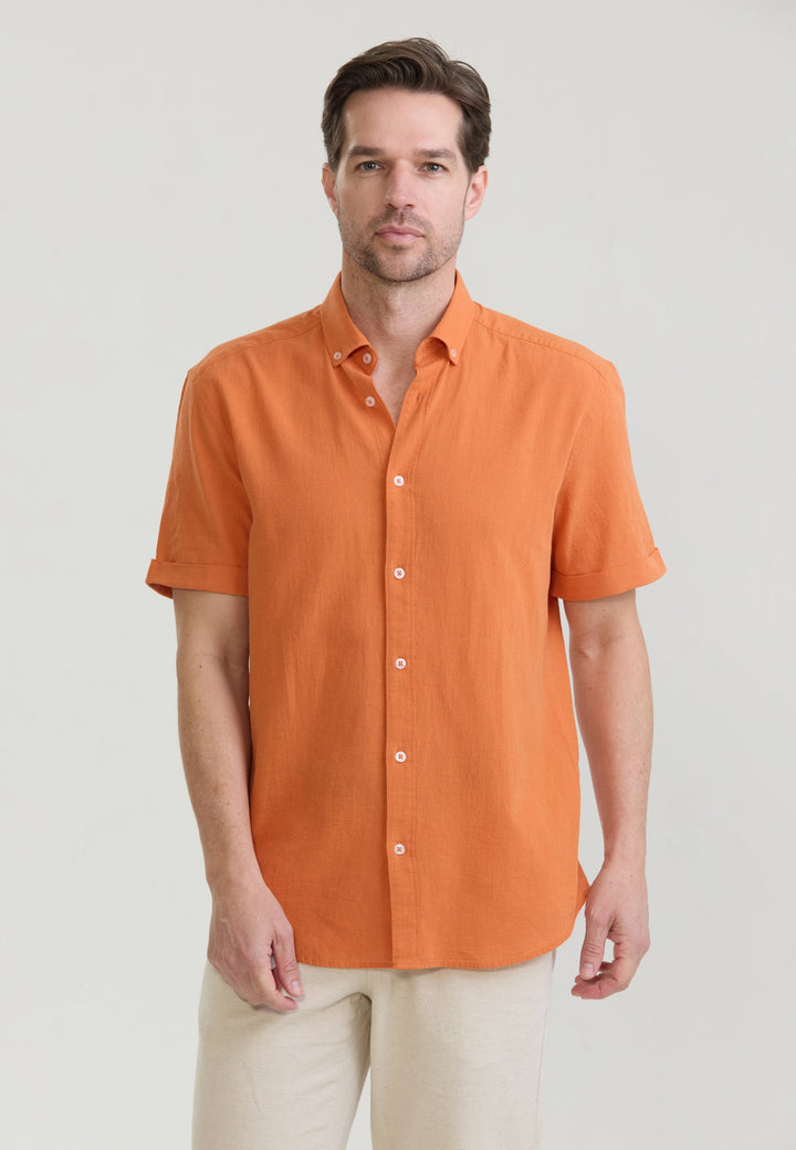 Felix Hardy Chemise en lin mélangé à manches courtes pour homme - Orange