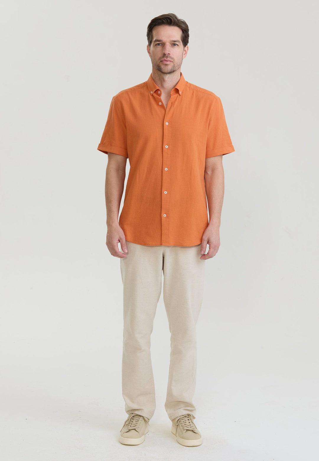 Felix Hardy Chemise en lin mélangé à manches courtes pour homme - Orange