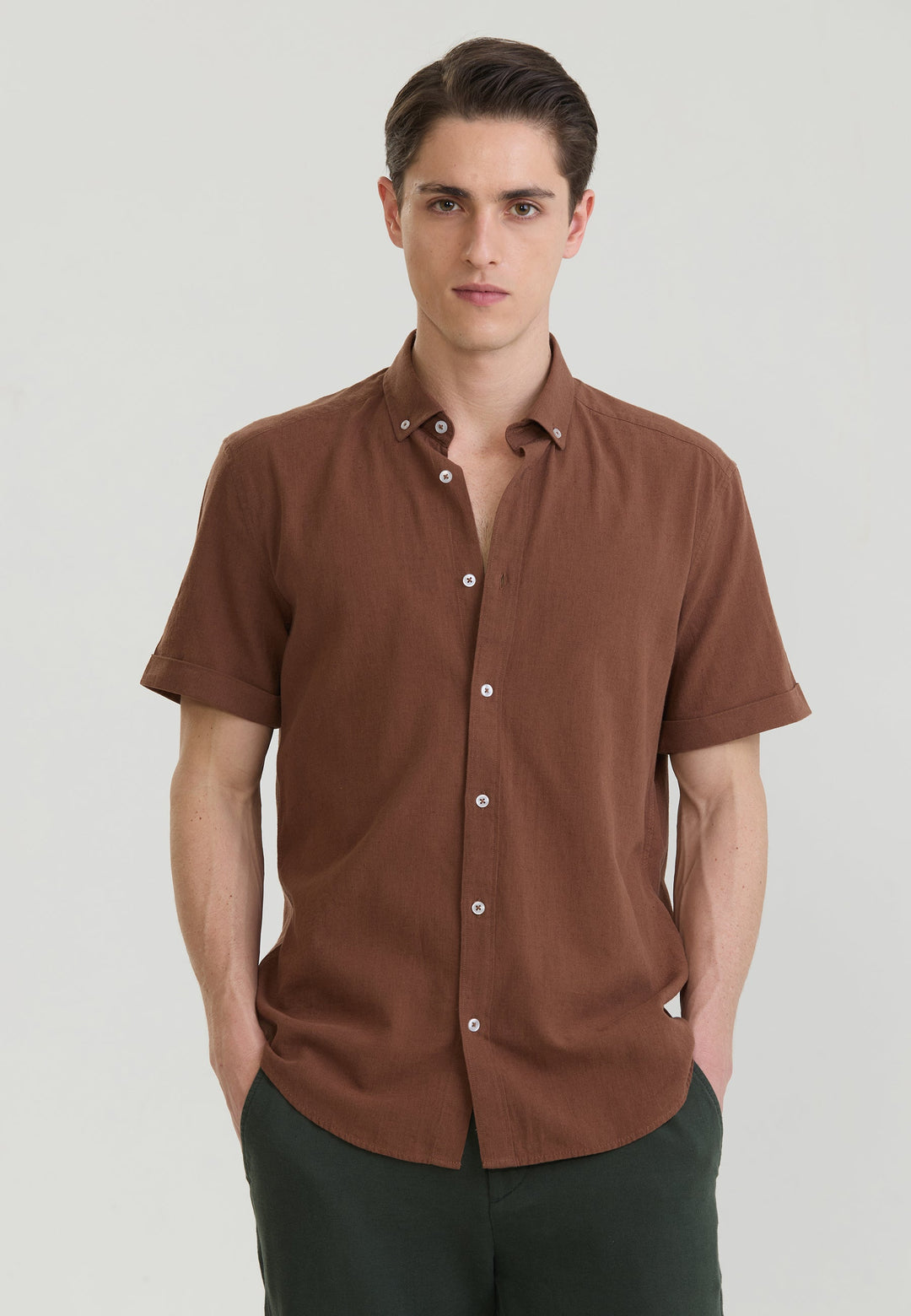 Felix Hardy Chemise en lin mélangé à manches courtes pour homme - Marron