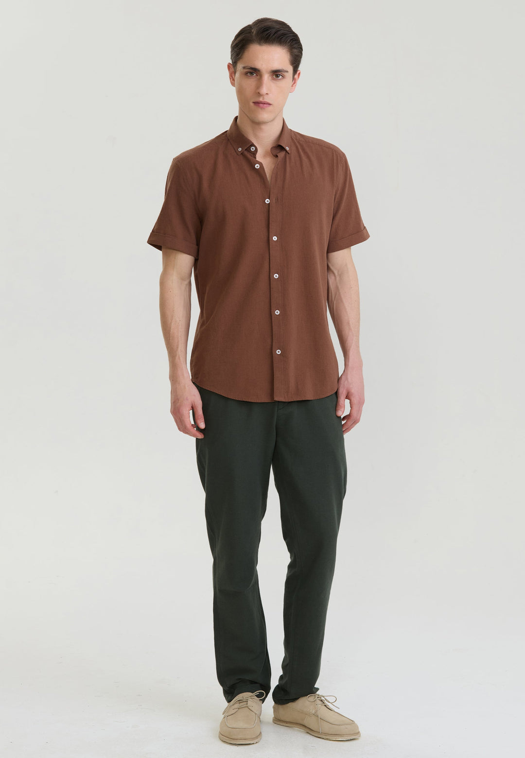 Felix Hardy Chemise en lin mélangé à manches courtes pour homme - Marron