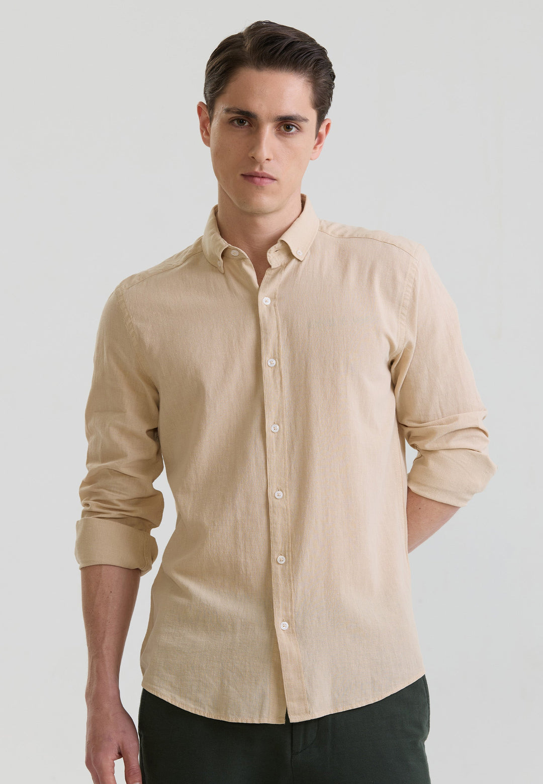 Felix Hardy Homme Chemise en Lin à Manches Longues - Beige