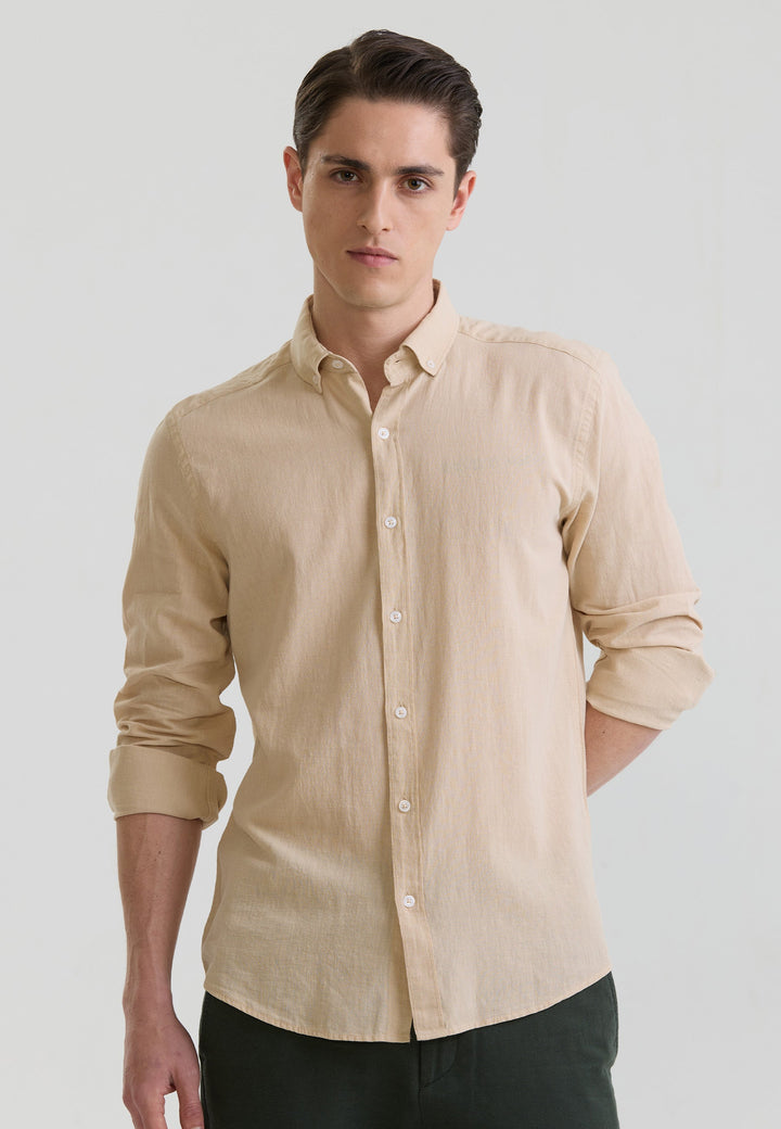 Felix Hardy Homme Chemise en Lin à Manches Longues - Beige