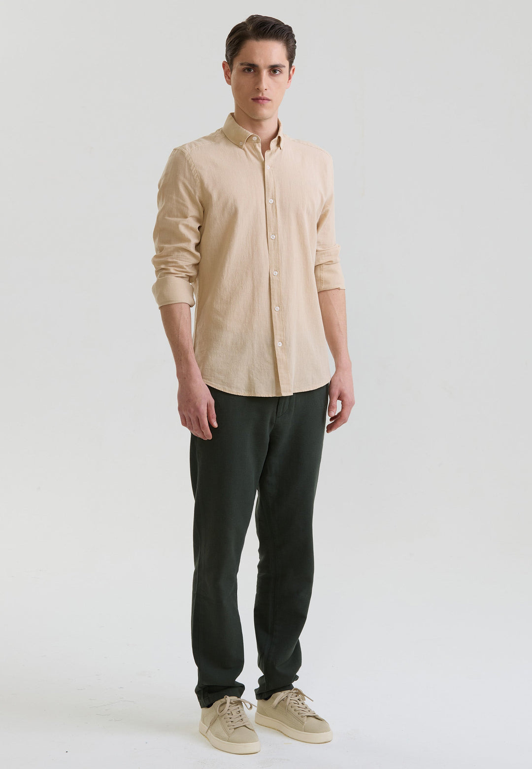 Felix Hardy Homme Chemise en Lin à Manches Longues - Beige