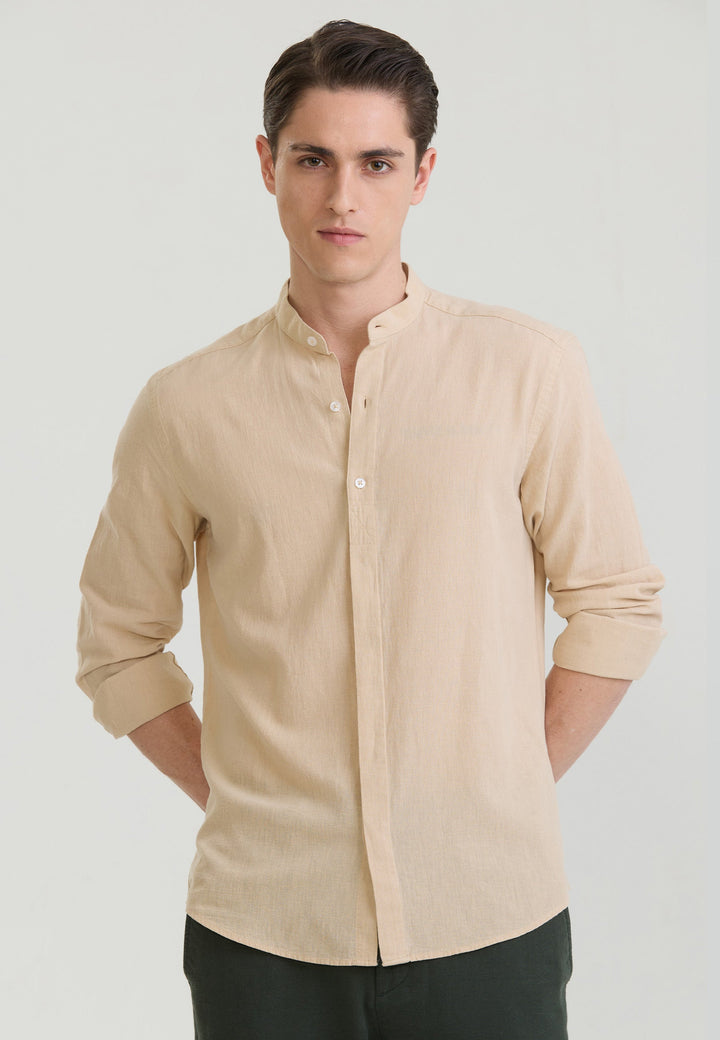 Felix Hardy Chemise à col mao en lin mélangé pour homme - Beige