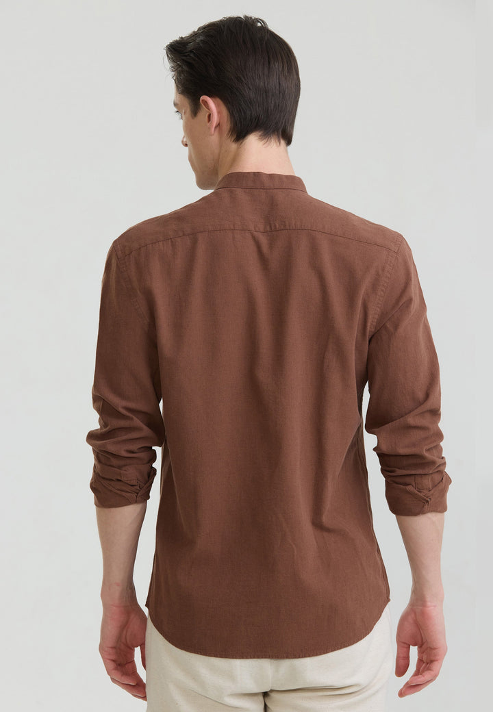 Felix Hardy Chemise à col mao en lin mélangé pour homme - Marron