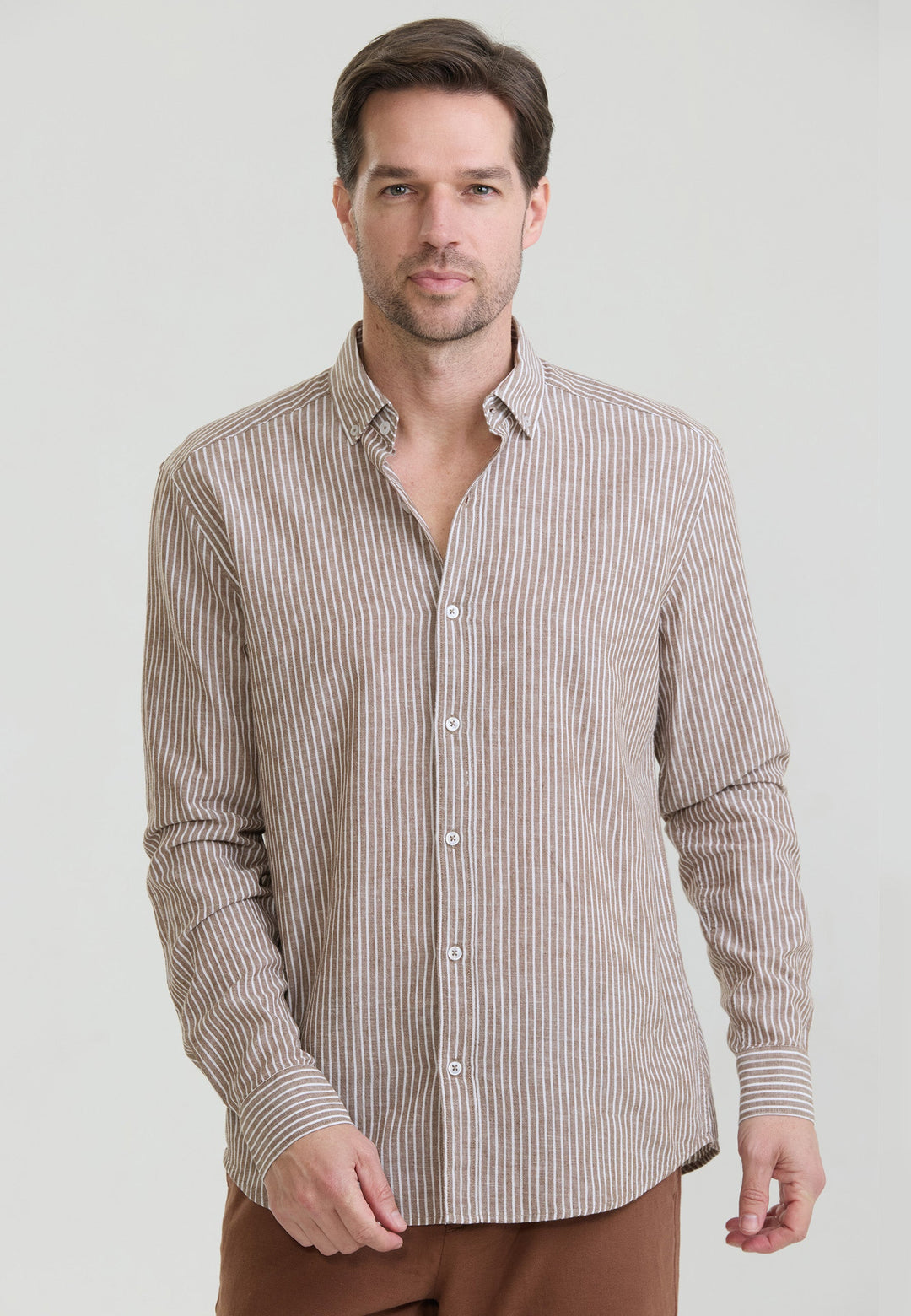 Felix Hardy Chemise à rayures en lin mélangé pour homme - Marron