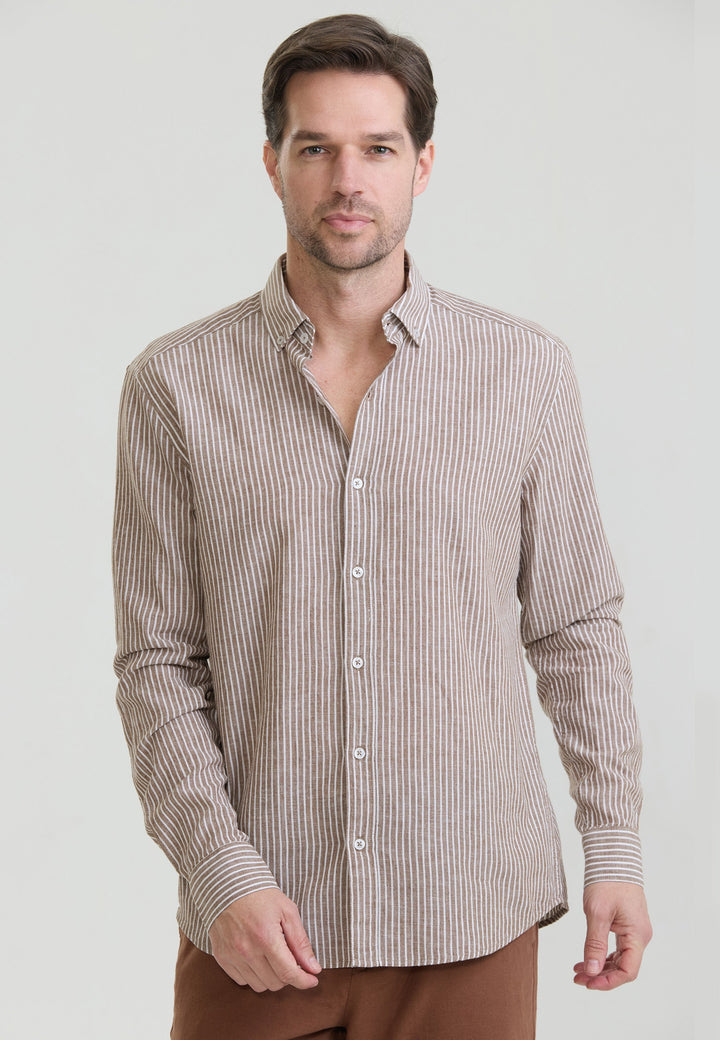 Felix Hardy Chemise à rayures en lin mélangé pour homme - Marron