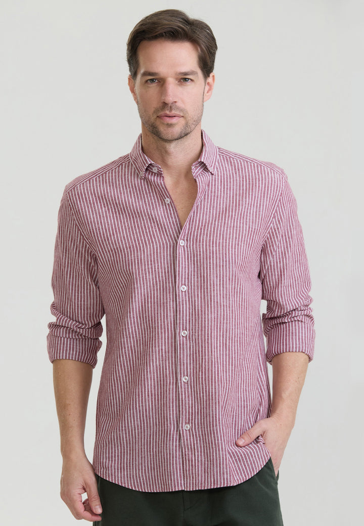 Felix Hardy Chemise à rayures en lin mélangé pour homme - Bordeaux