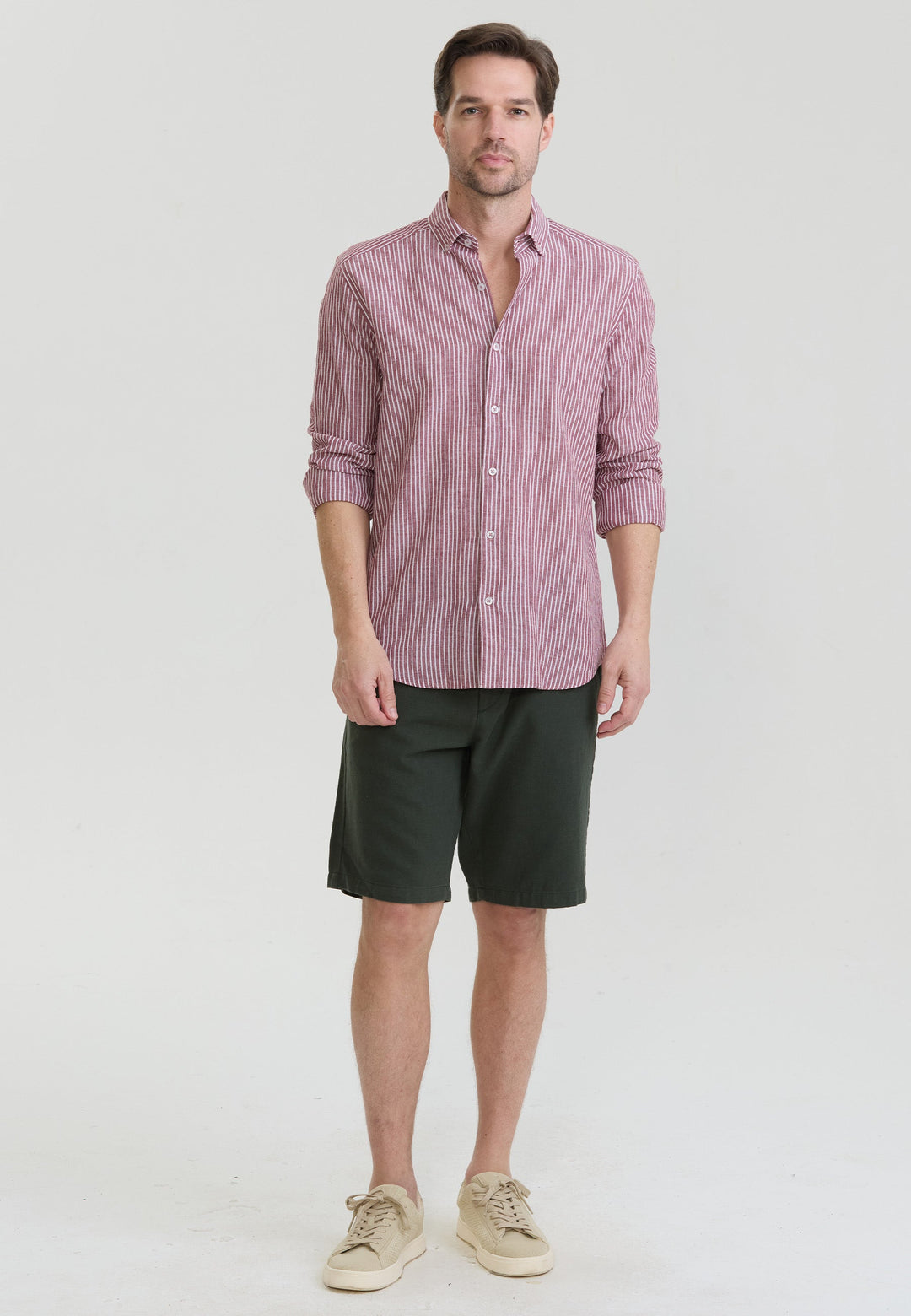 Felix Hardy Chemise à rayures en lin mélangé pour homme - Bordeaux