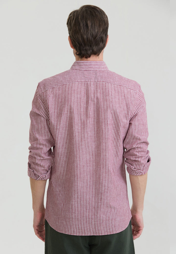 Felix Hardy Chemise à rayures en lin mélangé pour homme - Bordeaux
