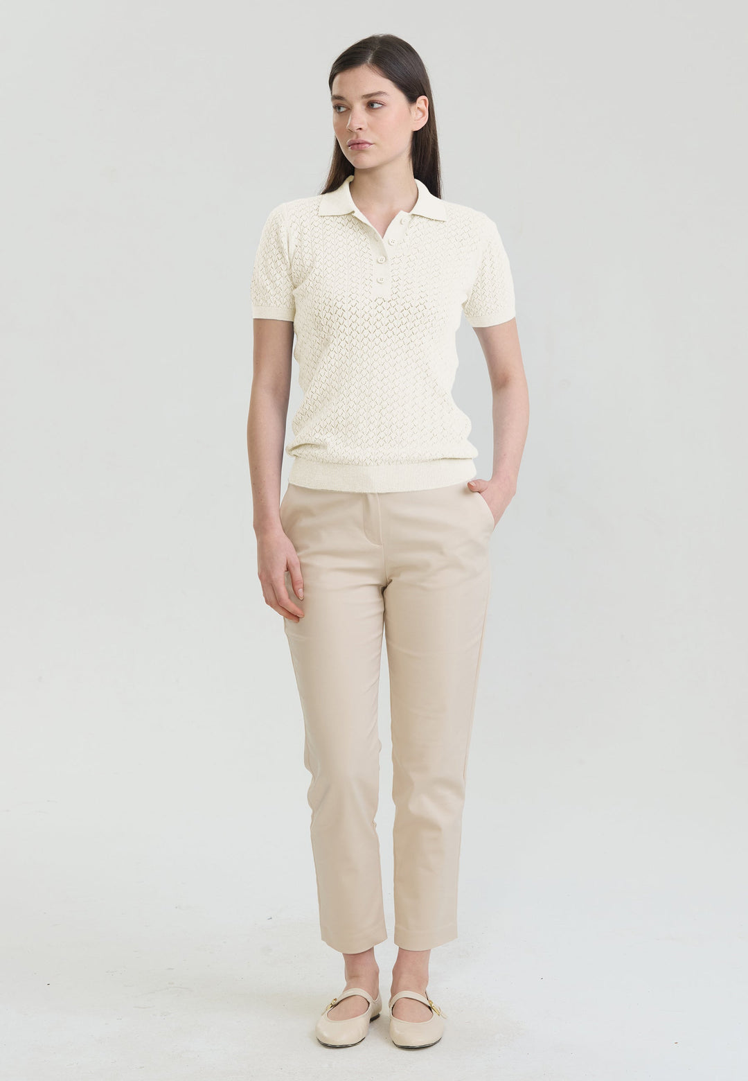 Felix Hardy T-shirt polo à boutons respirant perforé pour femme - Écru