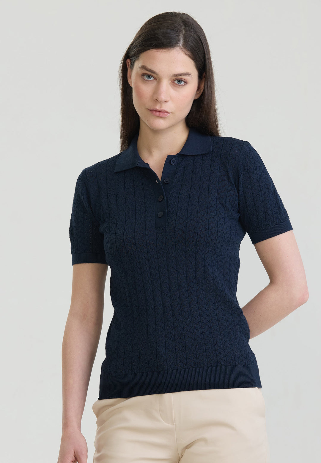 Felix Hardy T-shirt polo à boutons respirant perforé pour femme - Bleu marine