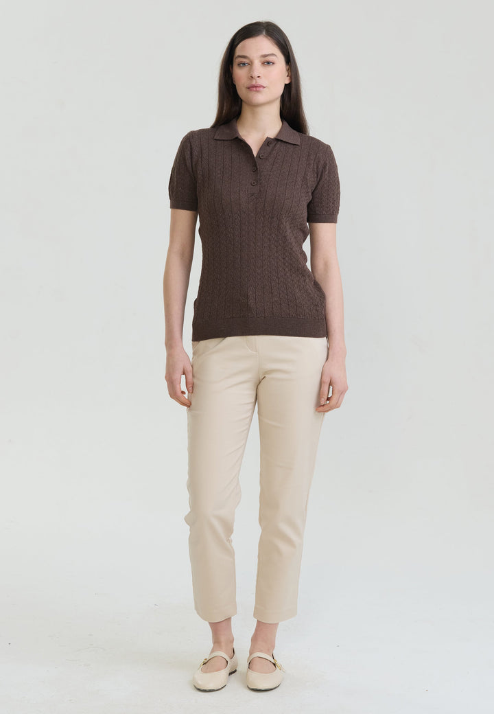 Felix Hardy T-shirt Polo Tricot Boutonné Aéré Femme - Marron