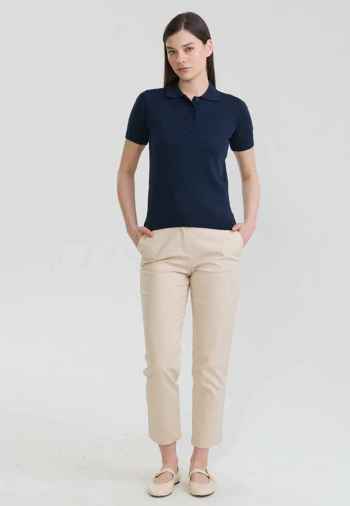 Felix Hardy T-shirt Polo Tricot Boutonné Basique Femme - Bleu marine