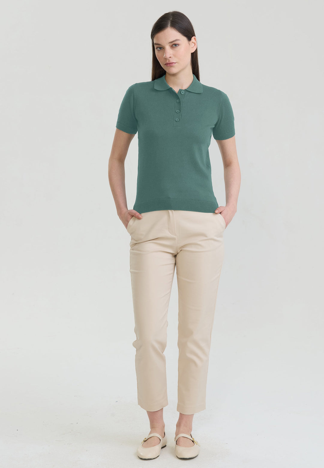 Felix Hardy T-shirt Polo Tricot Boutonné Basique Femme - Vert