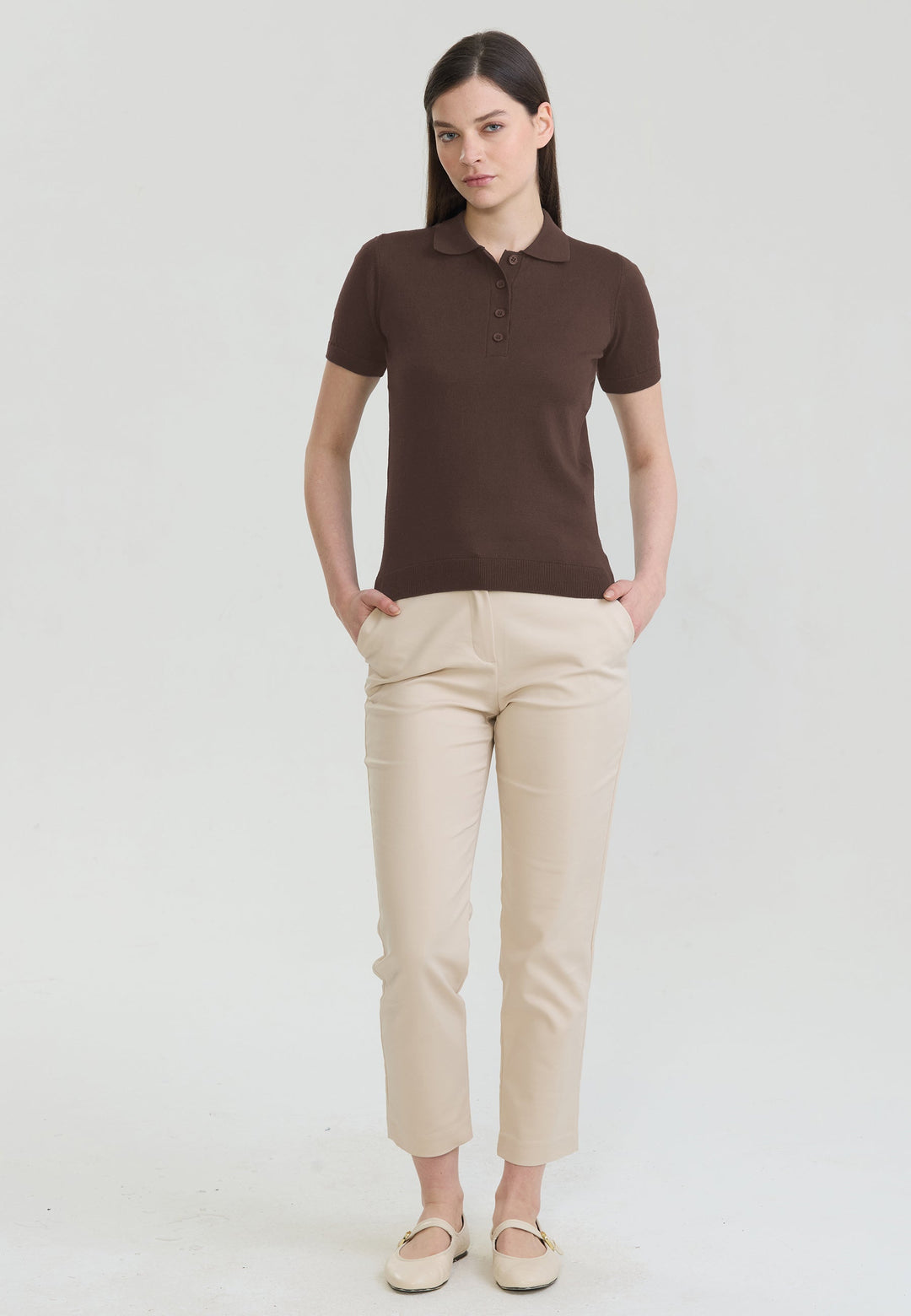 Felix Hardy T-shirt Polo Tricot Boutonné Basique Femme - Marron