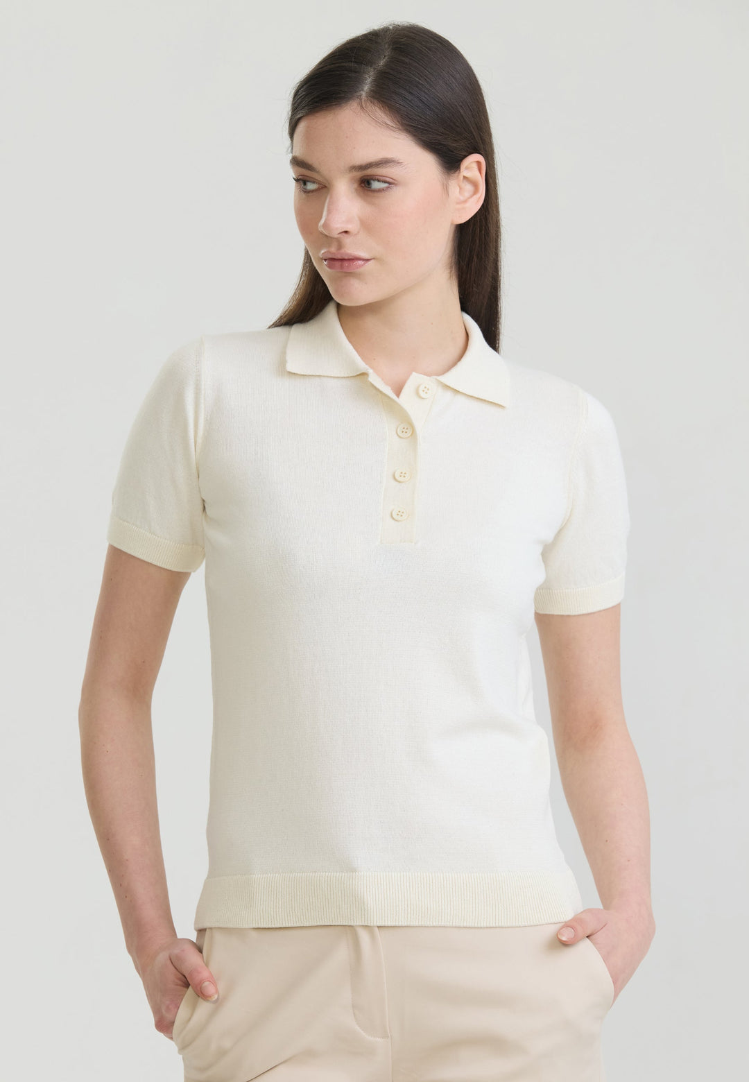 Felix Hardy T-shirt Polo Tricot Boutonné Basique Femme - Écru