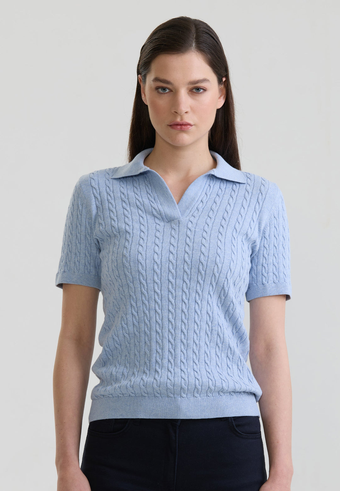 Felix Hardy T-shirt Polo Tricot Sans Boutons Femme Motif Tressé - Bleu