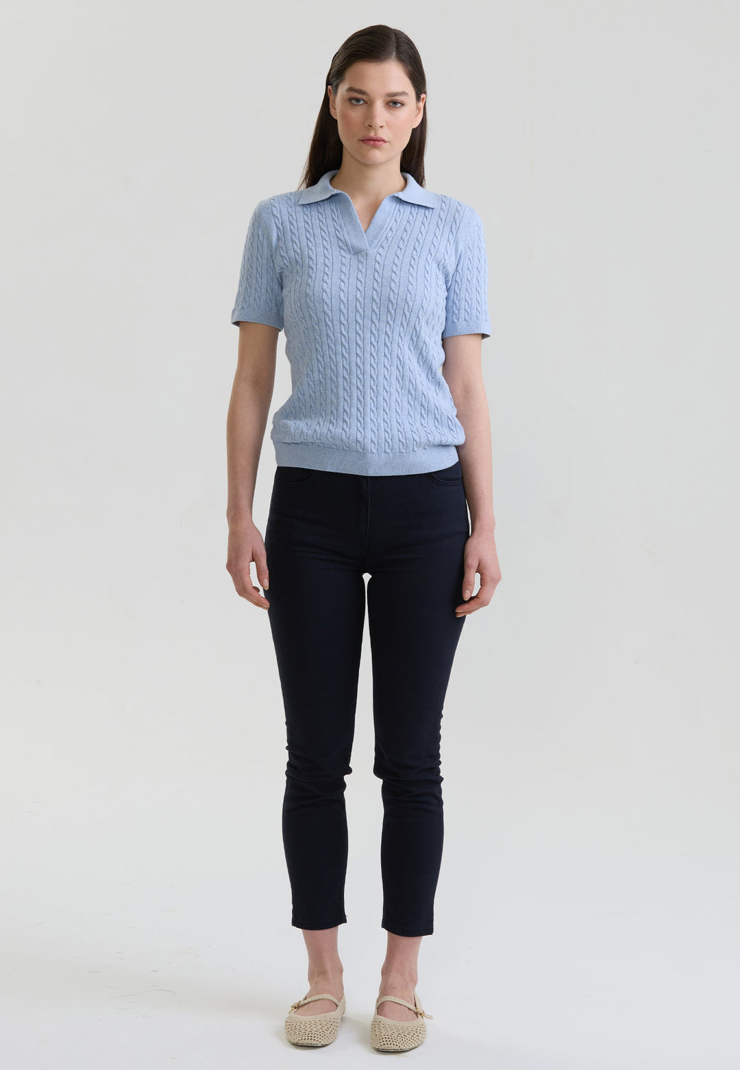 Felix Hardy T-shirt Polo Tricot Sans Boutons Femme Motif Tressé - Bleu