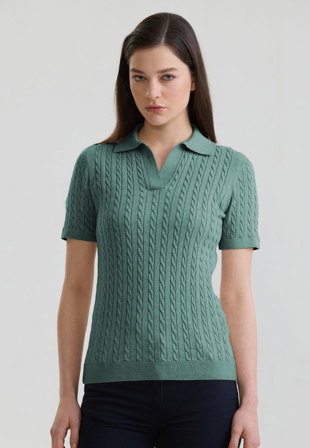 Felix Hardy T-shirt Polo Tricot Sans Boutons Femme Motif Tressé - Vert