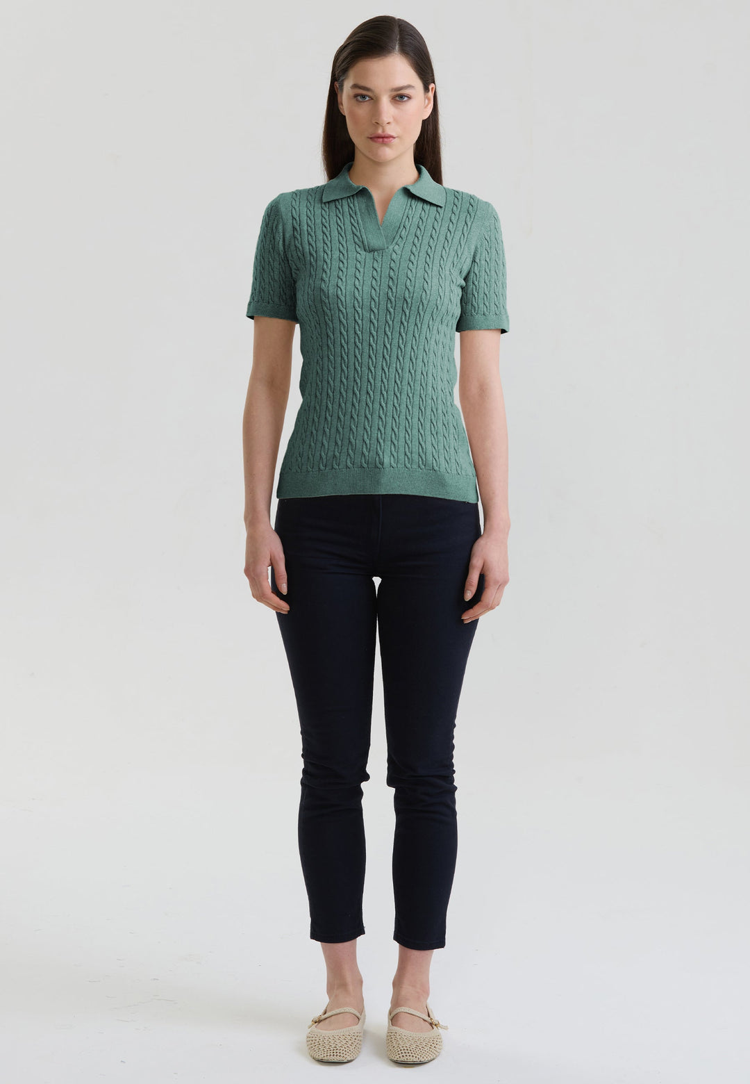 Felix Hardy T-shirt Polo Tricot Sans Boutons Femme Motif Tressé - Vert